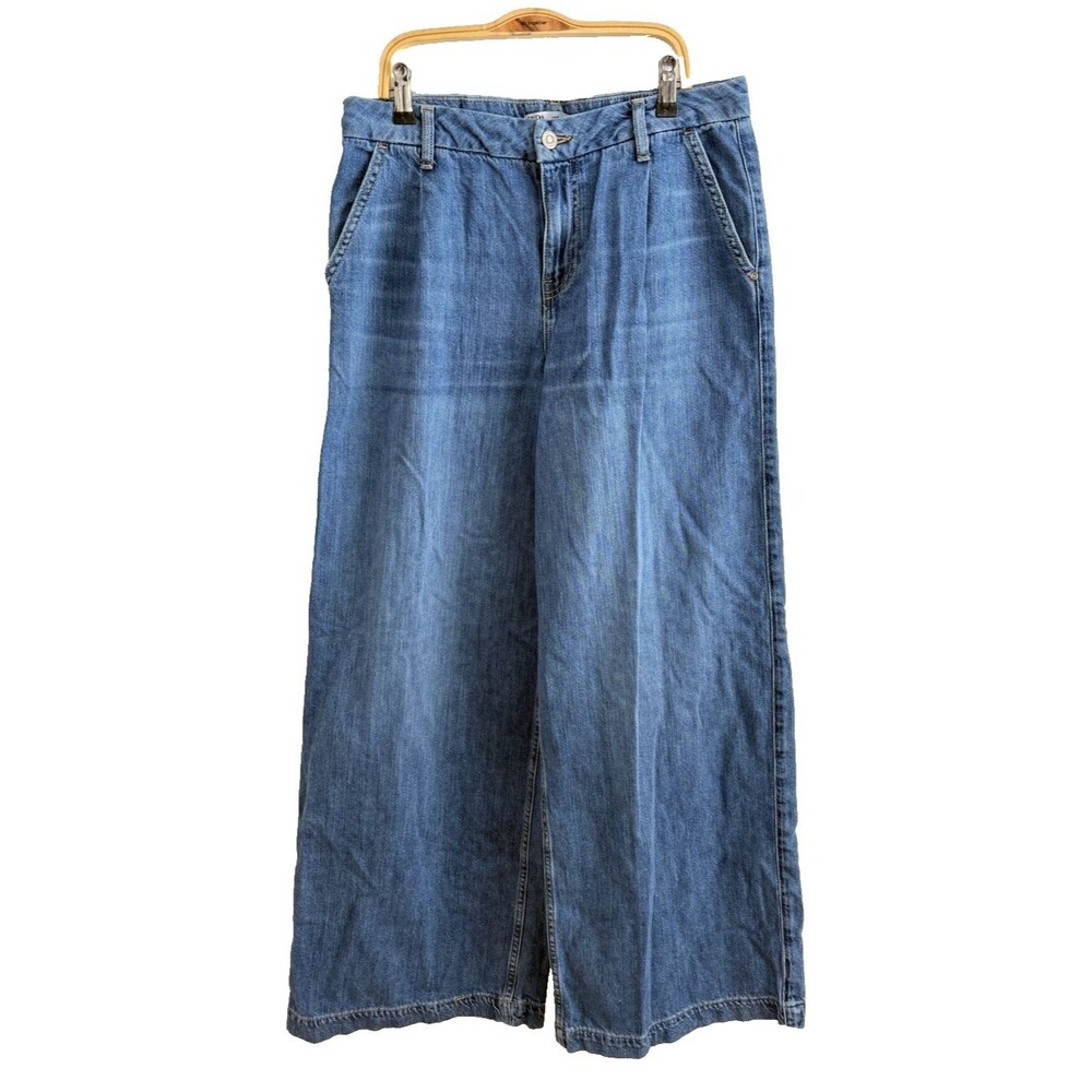 Zara High Rise Wide Leg Pleated Jeans Women Size 4 Medium Wash 100% Cotton